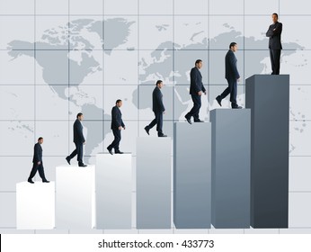 business men climbing a graph with one confident business man on top - Powered by Shutterstock