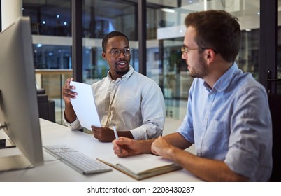 Business Men, Computer Or Planning In Night Office With Notebook, Paper Or Documents For Programming Company. Teamwork, Collaboration Or Talking Software Developers With Innovation Idea For Tech Code