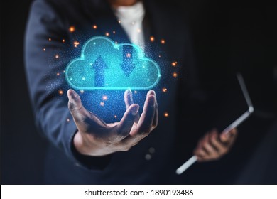 Business Men Display Online Business Information In Cloud Data Format To Analyze Business Technology Business Cloud Development Concept
