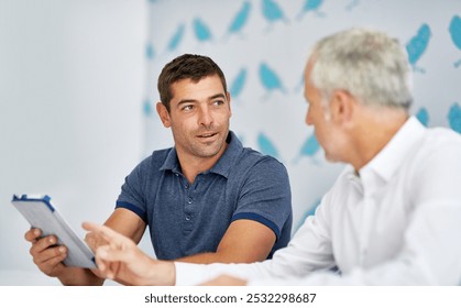 Business men, meeting and tablet with eco staff and bird stats data for conservation and talk. Tech, employee and digital analytics with communication and strategy in conference room with planning - Powered by Shutterstock