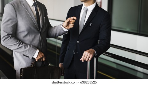 Business Men Travel Luggage Escalator Talk