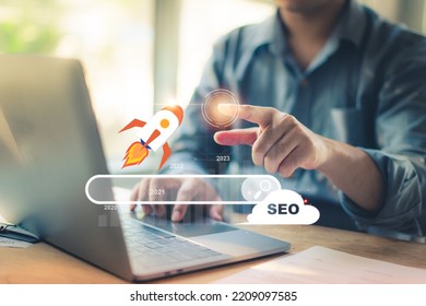 Business Men Use Laptop To Analyze SEO Optimize Search Performance And Reach Customers, Leverage Online Digital Marketing Technology, Concept Online Marketing Strategy Search Engine Help Site.