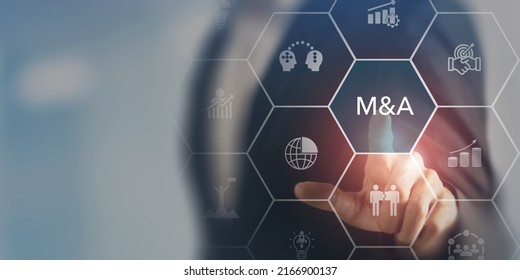 Business mergers and acquisitions concept. Share acquisition, asset business acquisition, amalgamation. Business review and development model. The abbreviation M and A on smart background, copy space. - Shutterstock ID 2166900137