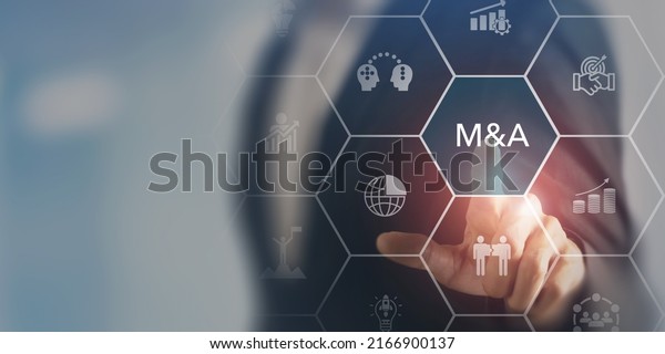 Business mergers and acquisitions concept. Share\
acquisition, asset business acquisition, amalgamation. Business\
review and development model. The abbreviation M and A on smart\
background, copy\
space.