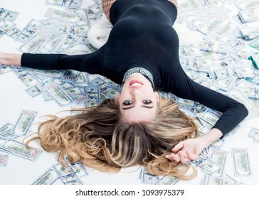 Business, Millionaire, Billionaire, Gorgeous Woman With Many Banknote. Rich Woman. Business Woman Lying In Banknotes. Bank Concept. Saving Money Concept. Business Concept.