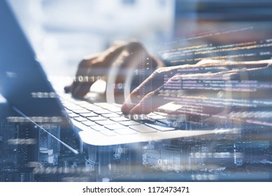 Business And Modern Technology, Double Exposure, Man Programmer Coding On Laptop Computer And Smart City With Html Code, Binary On Virtual Screen, Digital Software Technology Development, IoT Concept