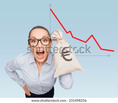 business, money and people concept - businesswoman in eyeglasses holding money bag with euro over blue background and graph
