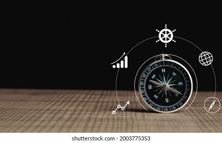 Business Navigate Concept, Compass Navigation On Table For Guide To Recovery Business Planning Growth In The Economic Crisis And Trading Graph Financial Data, Action Plan Icon.