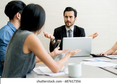 Business Negotiation, Male Partners Arguing, Funny Easygoing Woman Keeping Calm In Stressing Situation, Meditating With Composed Smile, Dealing With Emotional Angry Customer, Stress Management
