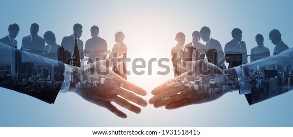 Business network concept. Group of people.\
Shaking hands. Customer support. Human relationship. Success of\
business. Management\
strategy.