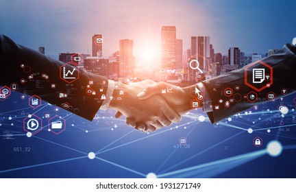 Business network concept. Shaking hands. Management strategy. - Shutterstock ID 1931271749