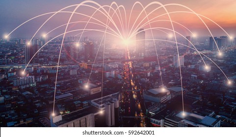 Business networking connection concept and Wi-Fi in city. Technology communication, The wireless communication , High Speed Internet , Optical fiber , Background blur building in the capital 