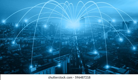 Business Networking Connection Concept And Wi-Fi In City. Technology Communication, The Wireless Communication , High Speed Internet , Optical Fiber , Background Blur Building In The Capital 