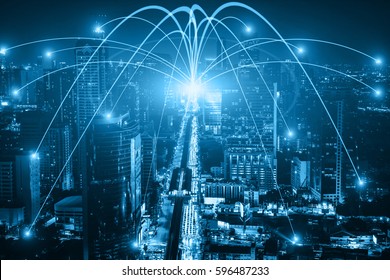 Business Networking Connection Concept And Wi-Fi In City. Technology Communication, The Wireless Communication , High Speed Internet , Optical Fiber , Background Blur Building In The Capital 