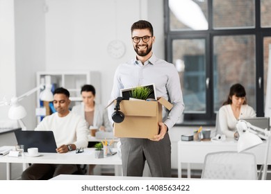 Business, New Job And Quit Concept - Happy Smiling Male Office Worker With Personal Stuff