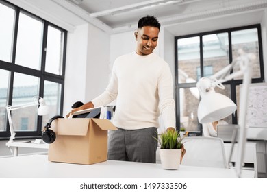 Business, New Job And Quit Concept - Happy Smiling Indian Male Office Worker With Personal Stuff