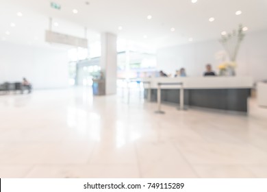 Business Office Building Lobby Blur Background Of Bank Reception Hall Customer Or Patient Counter Service And Cashier Desk Inside Blurry Hospital, Office Or Hotel Waiting Hall