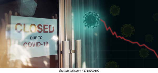 Business office is closed, bankrupt business, global economic crisis impact by Coronavirus COVID-19 pandemic concepts. Person wearing mask put closed sign on front door with virus and recession graph - Powered by Shutterstock