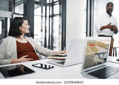 Business, office and happy pregnant woman writing notes, discussion memo or meeting minutes. Pregnancy, work notebook and employee planning schedule, agenda or secretary coworking in creative startup - Powered by Shutterstock