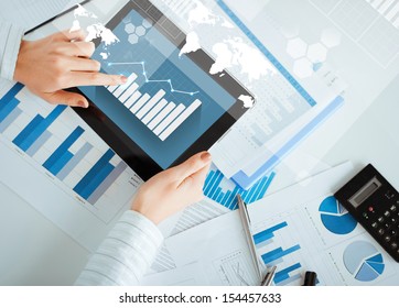 Business, Office, School And Education Concept - Woman With Tablet Pc And Chart Papers