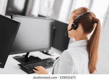 Business, Office, School And Education Concept - Female Helpline Operator With Headphones