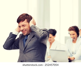 Business And Office, Stress, Problem, Crisis, Loud Noise Concept - Stressed Buisnessman Or Teacher Closing Ears