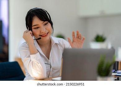 Business online call center operator for help, service support, assistance team, learning, training with headset microphone ready for service.