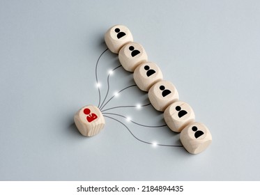 Business online network communication technology, hybrid workplace, gig economy and freelance home office work. Wooden cubes with businessman and employee icons linked with communication lines. - Shutterstock ID 2184894435