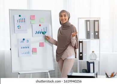 Business Opportunities For Islamic People. Confident Muslim Woman In Hijab Making Presentation, Demonstrating Graphs And Charts On Office Board