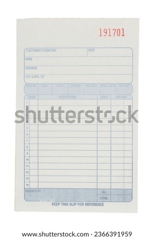 Business order customer paper receipt isolated on white