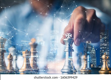 Business Organize Strategy Brainstorm Chess Board Game With Hand Touch King Figure Double Exposure With Digital Graphic Line Connecting Diagram Business Ideas Concept