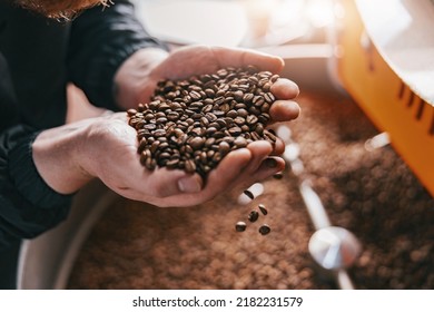 Business owner checks the quality of roasting coffee beans on small factory. Close-up - Powered by Shutterstock