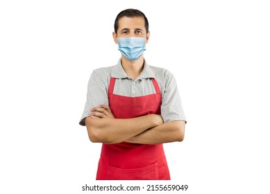 Business owner in red apron wearing a face mask to avoid coronavirus with white background - Pandemic lifestyle concepts - Powered by Shutterstock