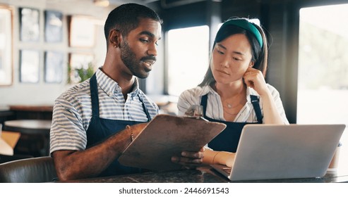 Business owner, teamwork and computer for restaurant profit, sales and stock inventory management on a checklist. Man, waiter and manager with documents, laptop and planning budget in a startup cafe - Powered by Shutterstock