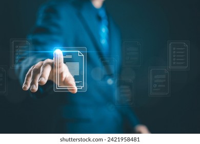 business paperless. businessman manages data on a laptop, document files digital electronic. concept Enterprise Resource Planning system or ERP is software for management recorded in a Database - Powered by Shutterstock