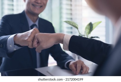 Business Partners Giving Fist Bump To Commitment Greeting Start Up New Project Or Complete Mission Successful Deal Together With Strong Teamwork. Startup Concept