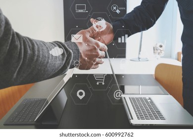 Business Partnership Meeting Concept.photo Businessman Handshake. Successful Businessmen Handshaking After Perfect Deal With Virtual Graph Chart Diagram 