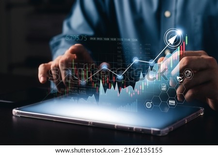 Business people analyze financial data chart trading forex, Investing in stock markets, funds and digital assets, Business finance technology and investment concept, Business finance background.