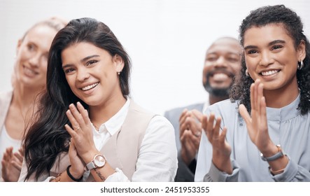 Business people, applause and women in seminar, celebration and promotion with success, teamwork and meeting. Corporate training, award ceremony and happy group clapping, achievement or company goals - Powered by Shutterstock