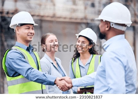 Business people, architect and handshake in meeting for construction, partnership or teamwork on site. Happy employee workers shaking hands for team building, architecture or b2b agreement in city