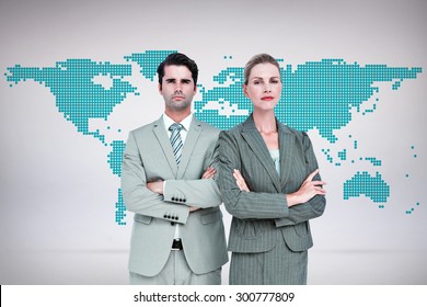 Business People With Arms Crossed Looking At Camera Against Green World Map On White Background