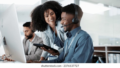 Business people, call center and coaching in telemarketing, support or customer service at office. Team, agent or consultant training staff together in teamwork for online advice, help or contact us - Powered by Shutterstock