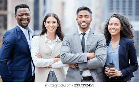 Business people, city portrait and arms crossed outdoor with leadership and management success. Professional, team and group with a smile from company diversity and solidarity for corporate work - Powered by Shutterstock