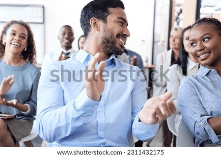 Business people, clapping hands and audience in conference, seminar or corporate workshop. Professional men and women diversity group talk or applause for convention, training or presentation success