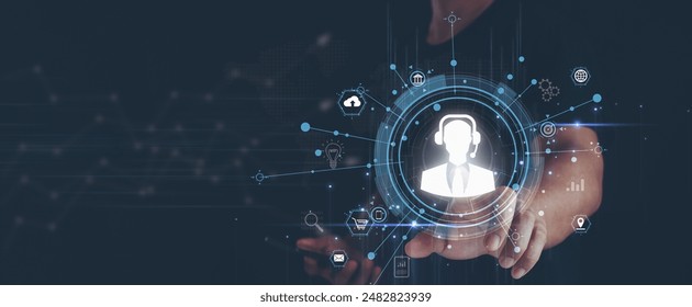 Business people click Customer Support on global structure network, Customer Service, Assistance, Solutions, Satisfaction, and Accessibility. Technical support customer service call center 24-7 online - Powered by Shutterstock