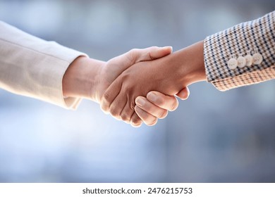 Business people, closeup or handshake for agreement, partnership or cooperation for project. Shaking hands, staff or employees with teamwork, greeting or thank you for promotion, contract or b2b deal