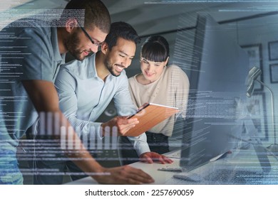 Business people, coding and information technology with computer screen and tablet, programming and software development. Code overlay, futuristic and collaboration, meeting with programmer team - Powered by Shutterstock