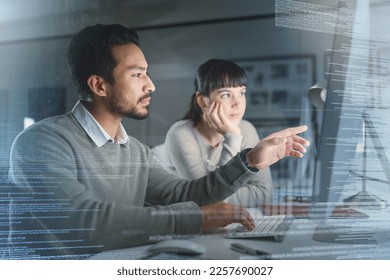 Business people, coding with partnership and information technology, computer and collaboration, code overlay. Software development, team meeting with solution and thinking, man with woman and focus - Powered by Shutterstock