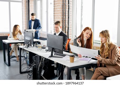 business people, colleagues communicating in office using computers, talk about plans and deadlines