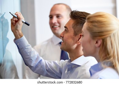 Business And People Concept - Happy Coworkers With Marker Writing On Glass Board